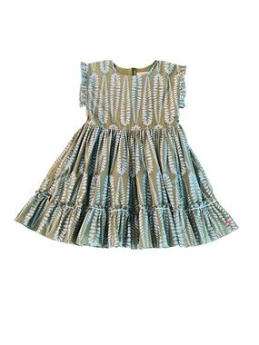 Pink Chicken Olive & Light Blue Leaf Print Ruffle Dress Size 8